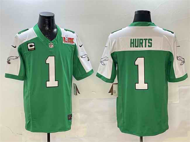 Men's Philadelphia Eagles #1 Jalen Hurts Green/White 2025 Super Bowl LIX Patch And 4-Star C Patch F.U.S.E. Vapor Untouchable Limited Stitched Football Jersey